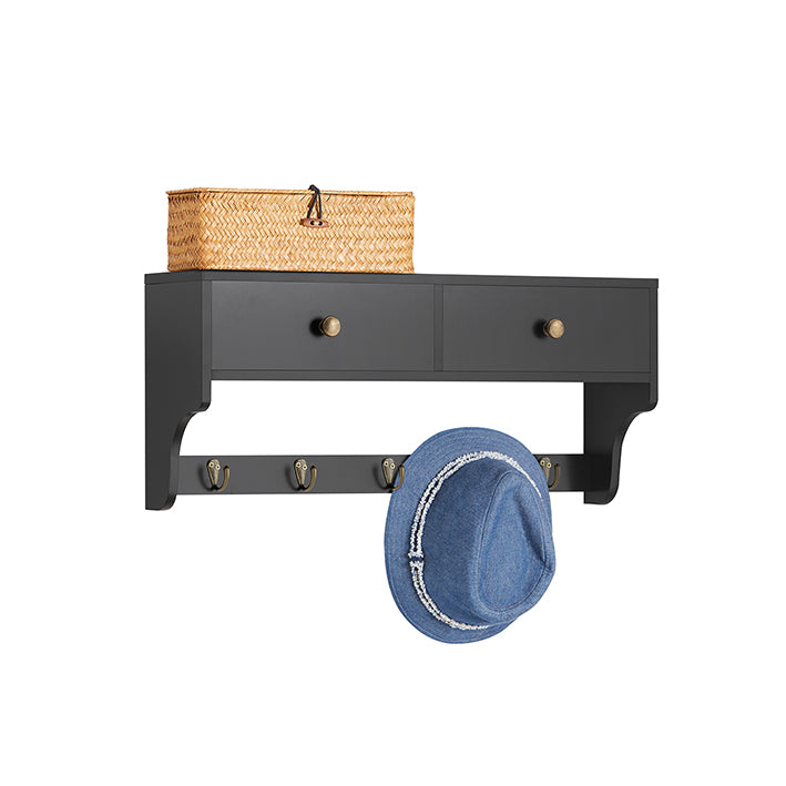 SoBuy | Appendiabiti da parete | Scaffale pensile con cassetti e 5 ganci | Nero | FRG178-SCH