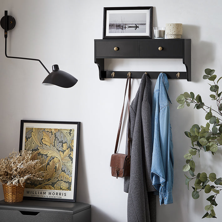 SoBuy | Porte-manteau mural | Étagère suspendue avec tiroirs et 5 crochets | Noir | FRG178-SCH