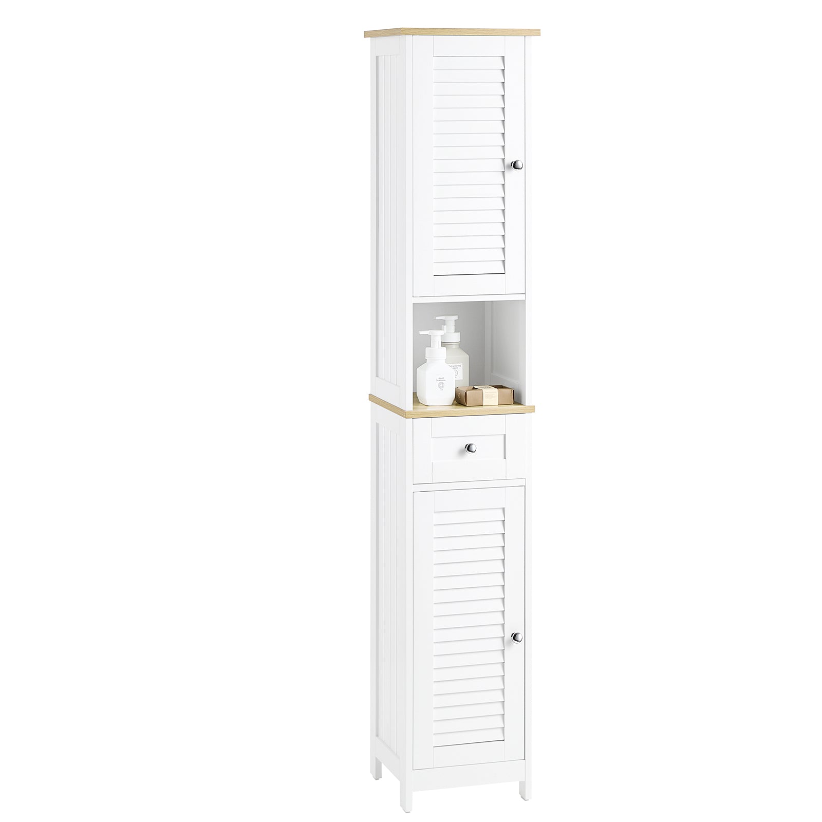 SoBuy | Mobile alto da bagno | Armadietto da bagno | Scaffale da bagno | Bianco e legno naturale | FRG236-WN