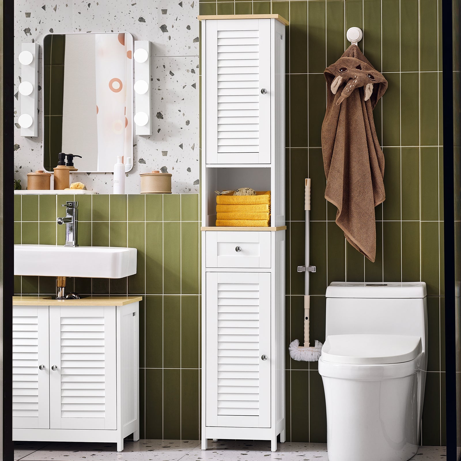SoBuy | Mobile alto da bagno | Armadietto da bagno | Scaffale da bagno | Bianco e legno naturale | FRG236-WN
