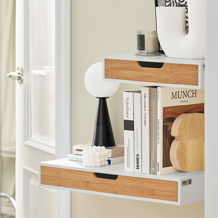 SoBuy | Étagère flottante blanche | Tiroir suspendu | Tiroir mural en bambou | FRG92-WN