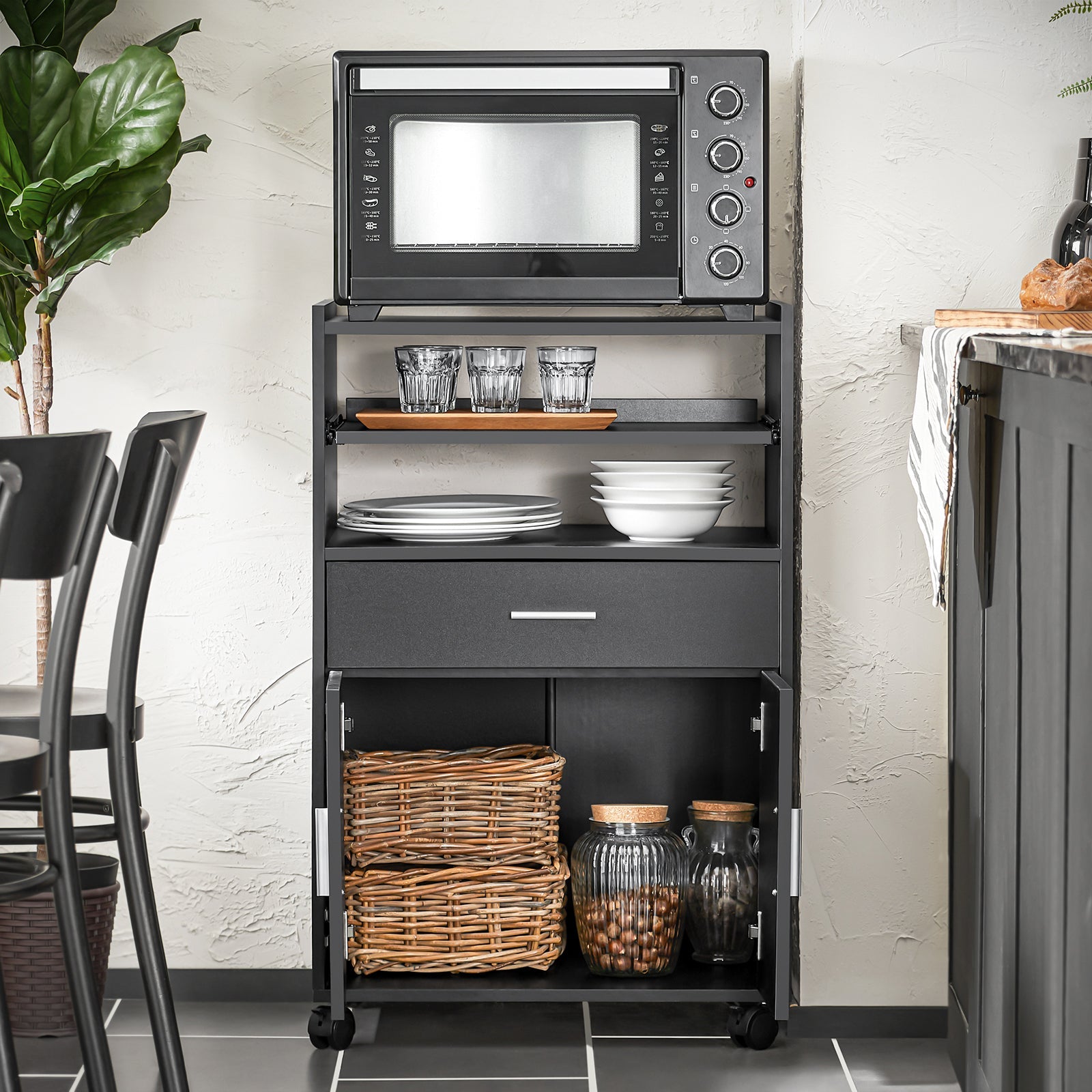 Prevendita | SoBuy | Armadio da cucina | Mobiletto su ruote | con 1 ripiano scorrevole | Nero | FSB09-SCH