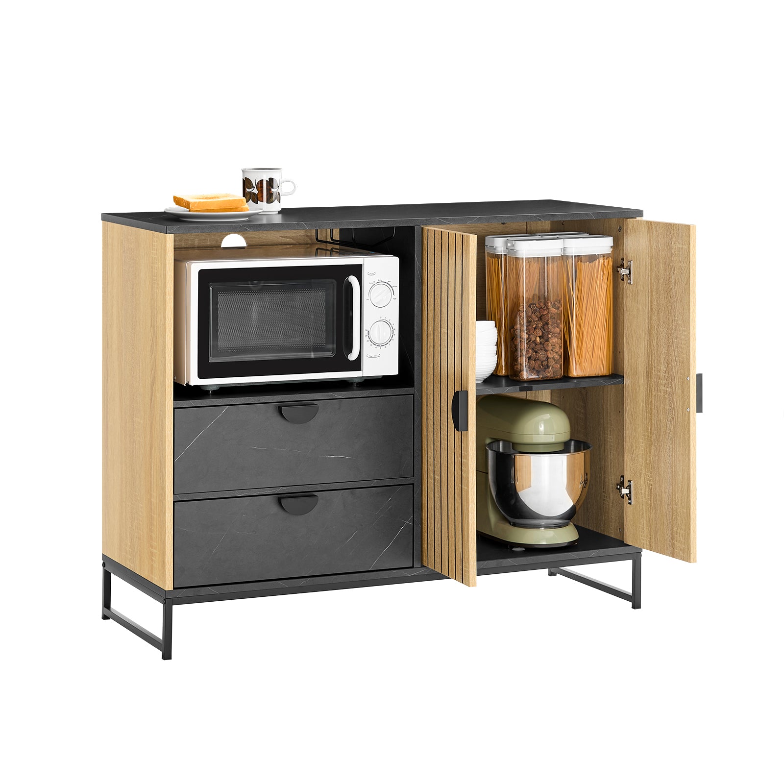 SoBuy Küchenschrank Sideboard Kommode mit Mikrowellenfach (Ø6 cm) | Eiche-Schwarz | FSB103-N