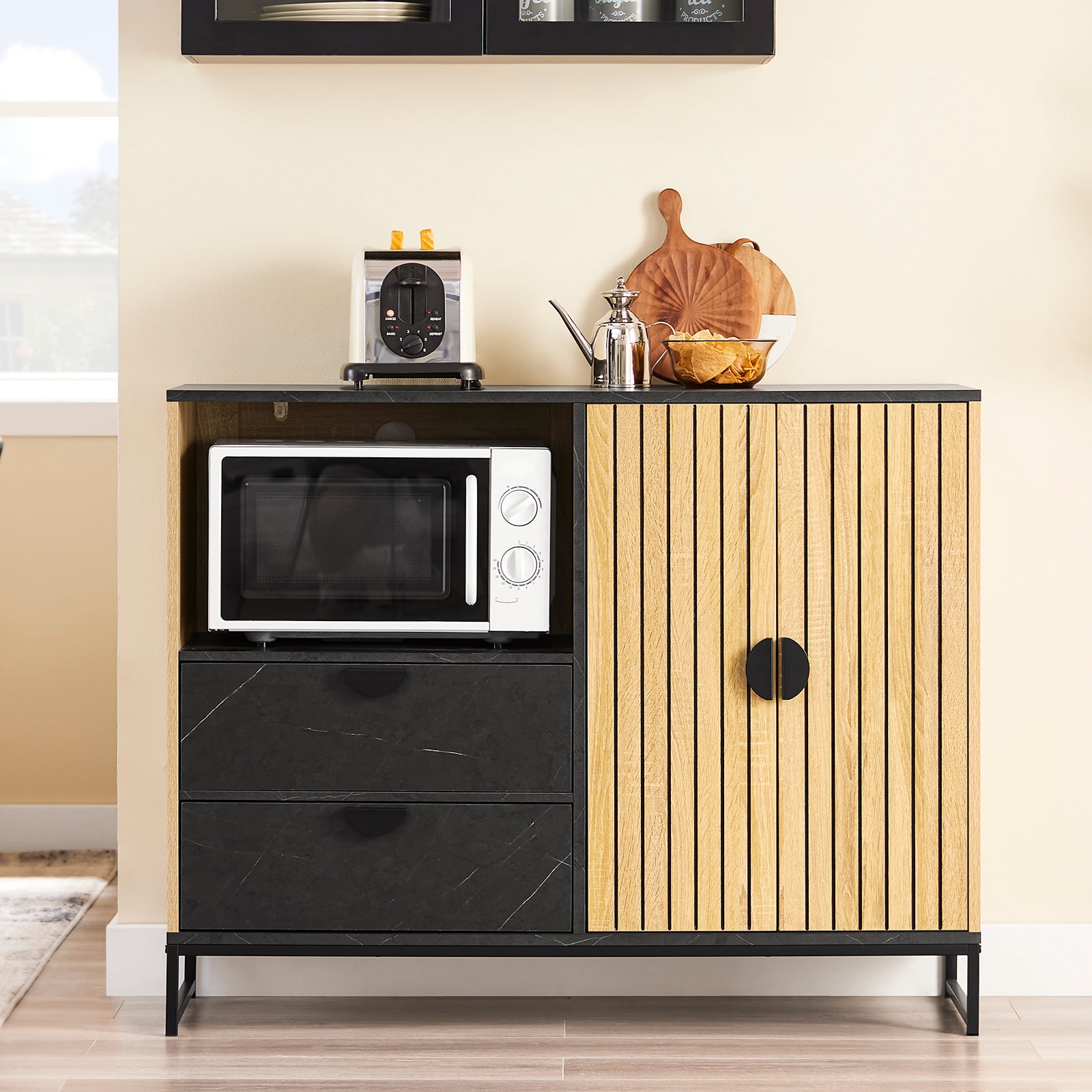 SoBuy Küchenschrank Sideboard Kommode mit Mikrowellenfach (Ø6 cm) | Eiche-Schwarz | FSB103-N