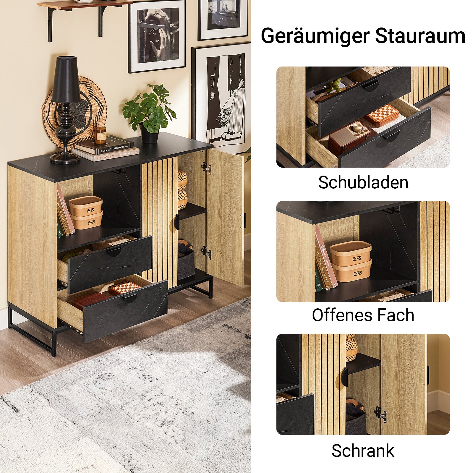 SoBuy Küchenschrank Sideboard Kommode mit Mikrowellenfach (Ø6 cm) | Eiche-Schwarz | FSB103-N