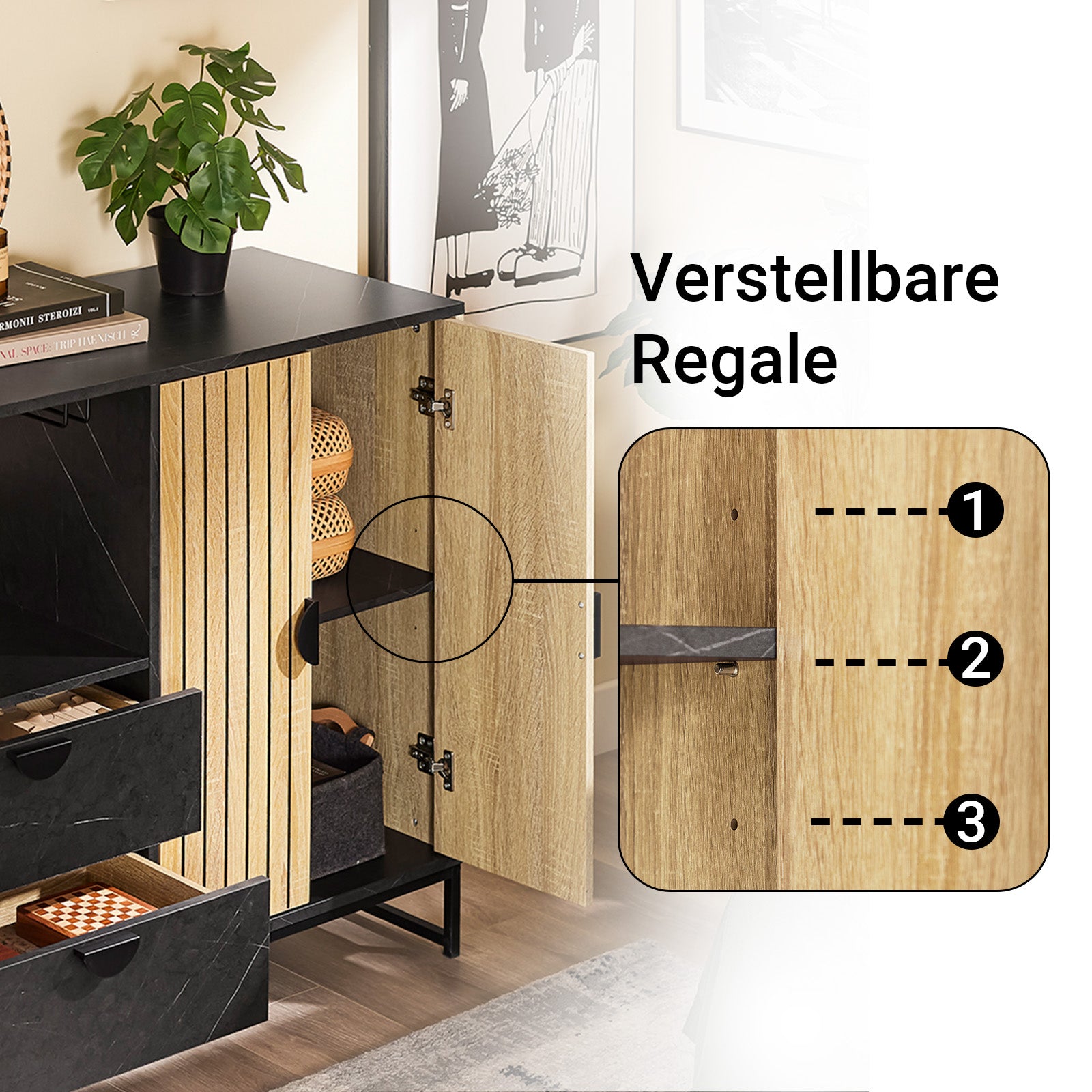 Meuble de cuisine SoBuy avec commode et compartiment micro-ondes (Ø6 cm) | Chêne-Noir | FSB103-N