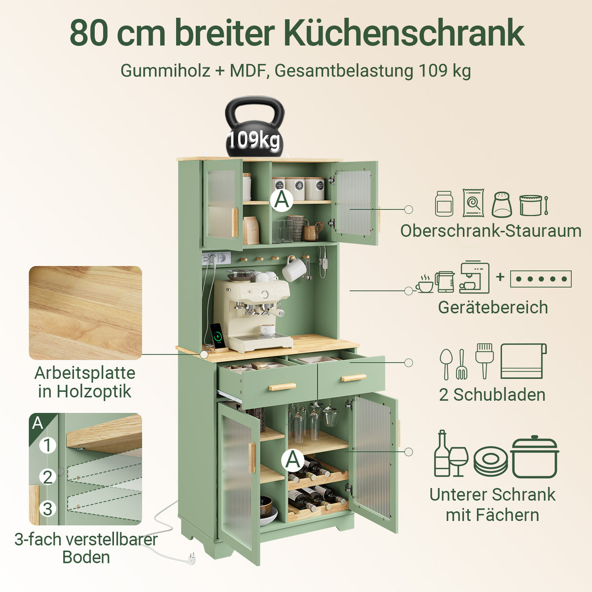 SoBuy | Hochschrank Küchenschrank freistehend Grün | 80×40×180 cm | FSB108-E-GR