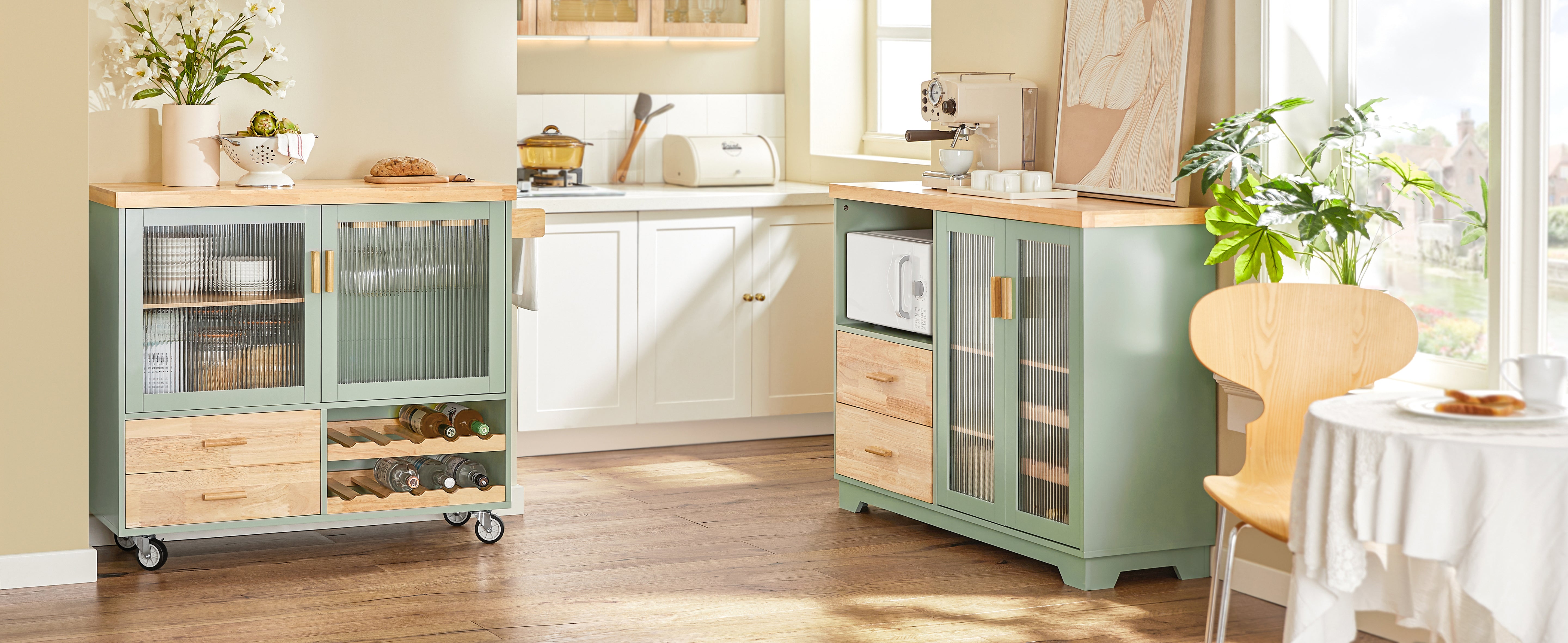 SoBuy | Desserte de cuisine avec porte-bouteilles | Îlot de cuisine avec porte-verres à vin | Buffet | Vert | FKW114-GR