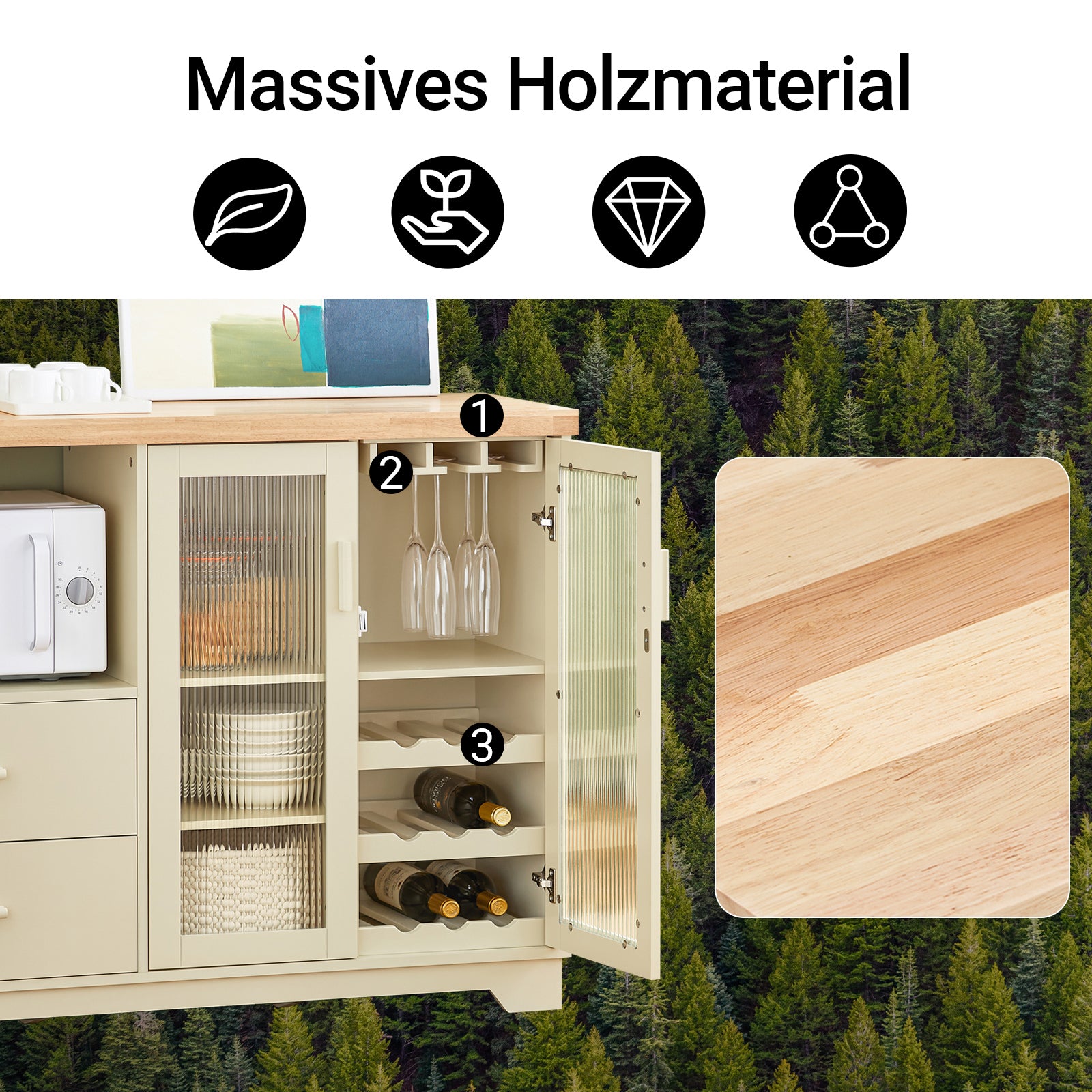 SoBuy Küchenschrank Buffet Kommode mit Glastüren & Schubladen Beige FSB81-MI