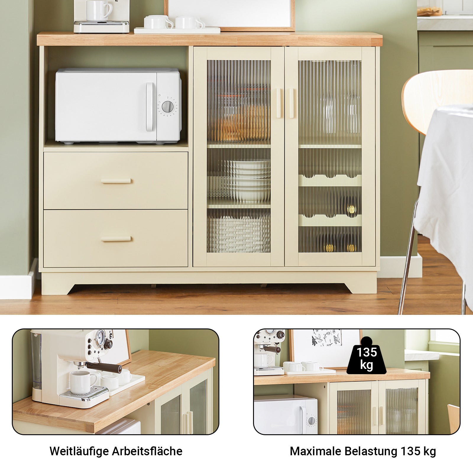 SoBuy Küchenschrank Buffet Kommode mit Glastüren & Schubladen Beige FSB81-MI