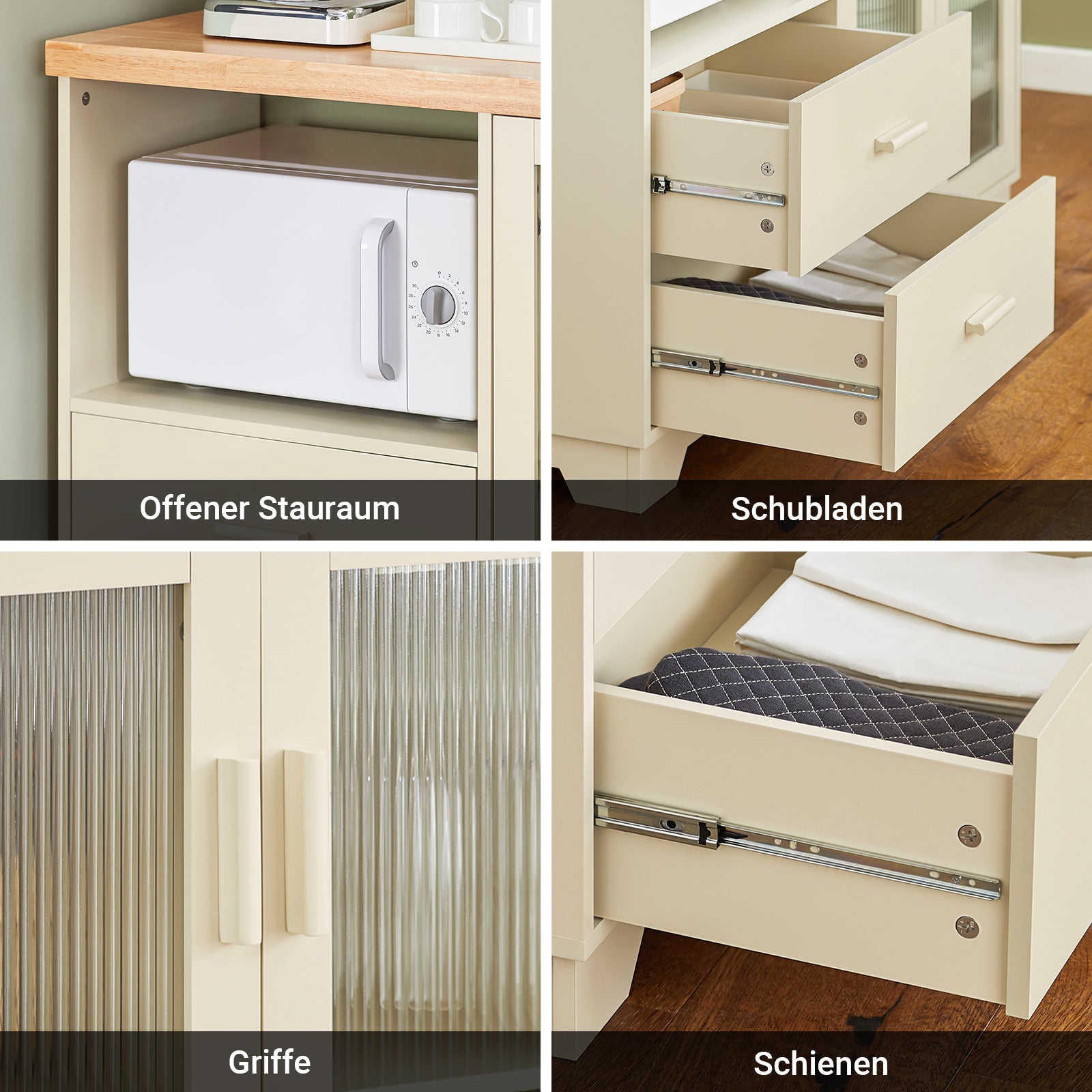 SoBuy Küchenschrank Buffet Kommode mit Glastüren & Schubladen Beige FSB81-MI