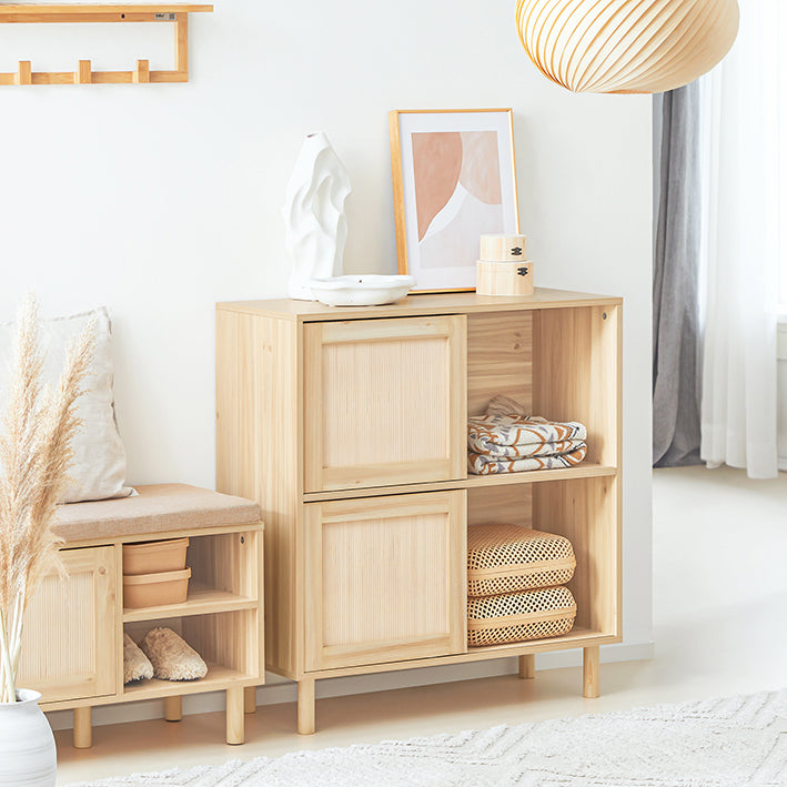 SoBuy | Buffet avec portes coulissantes | Meuble d'entrée | Meuble de cuisine | Commode | Naturel | FSB87-N