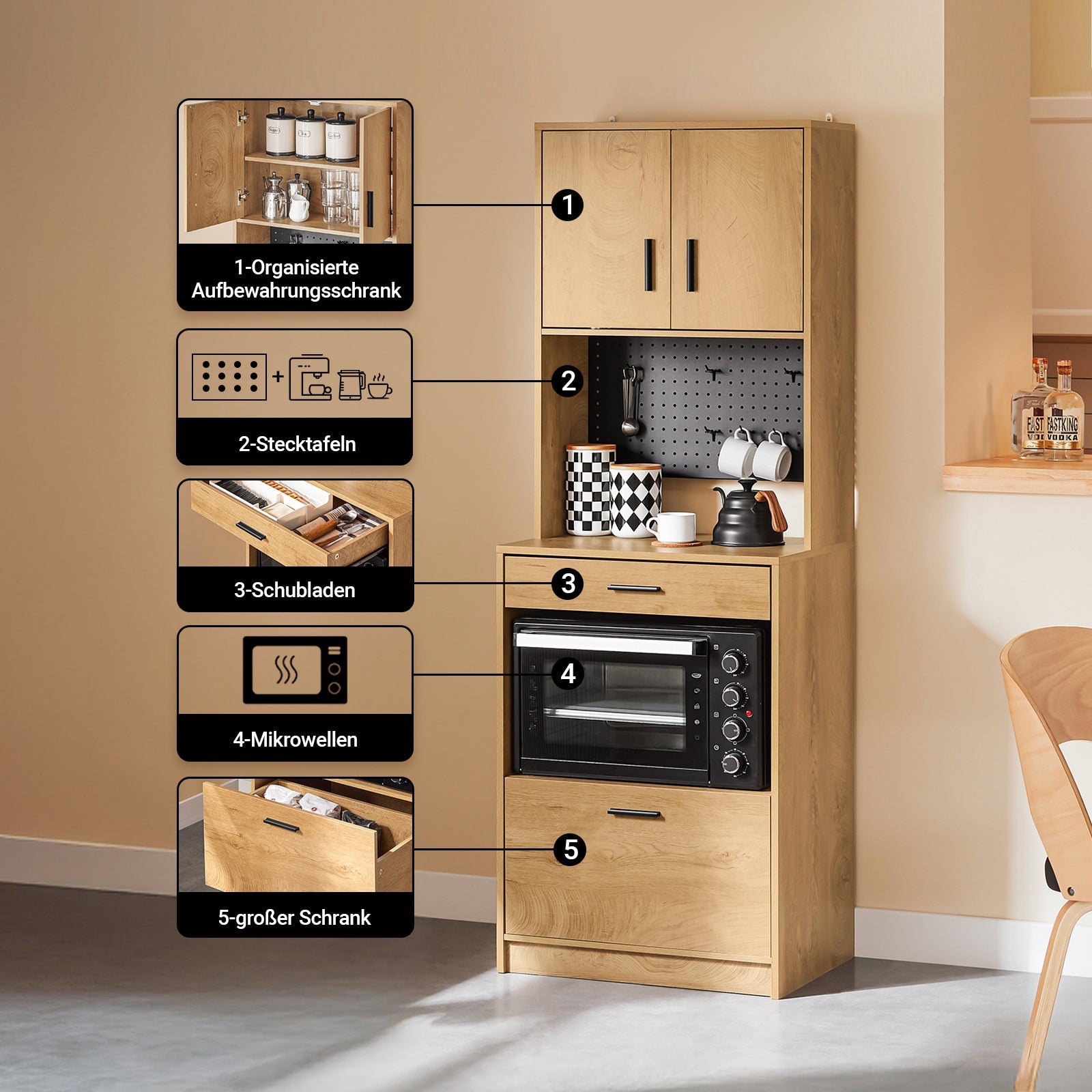 Prevendita | SoBuy Armadietto da cucina con ante per microonde 170cm con pannello forato - Mobiletto cucina Vintage 60x170x40cm FSB98-N