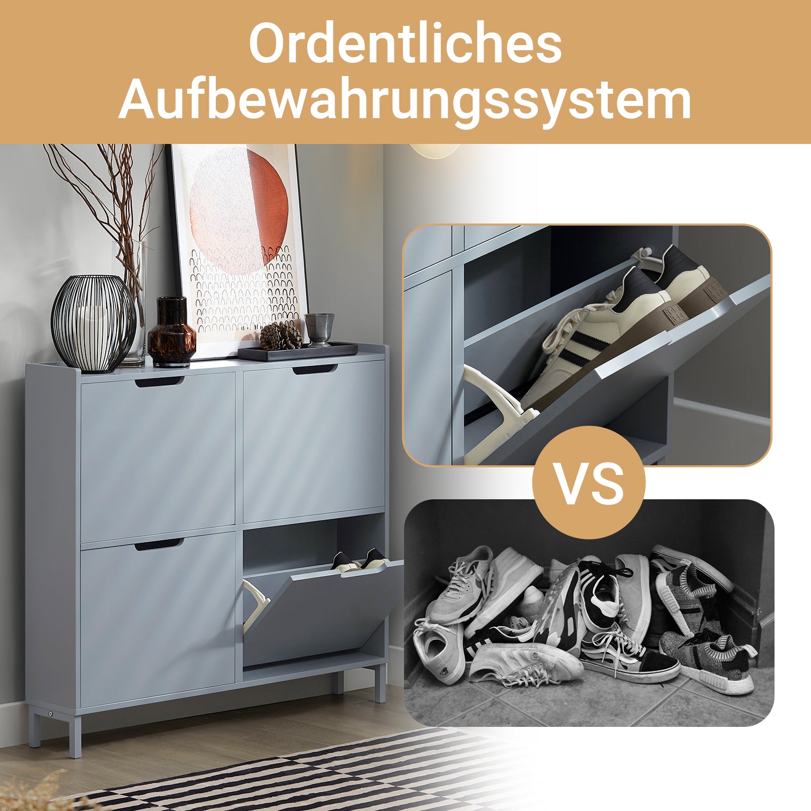 SoBuy | Meuble à chaussures | Meuble à chaussures 4 portes | Coffre à chaussures | Gris clair | FSR100-HG