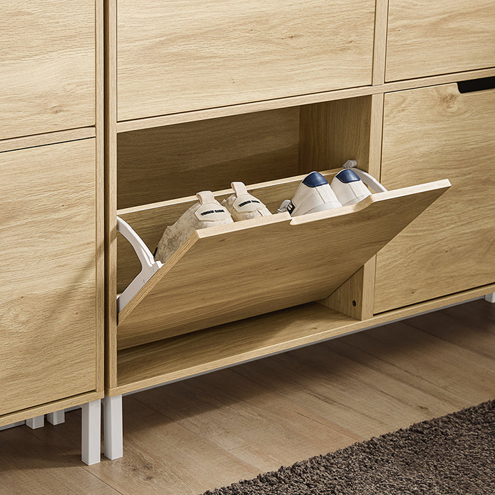 Prévente | SoBuy | Meuble à chaussures | Armoire à chaussures 4 portes | Étagère à chaussures étroite | Naturel | FSR100-N