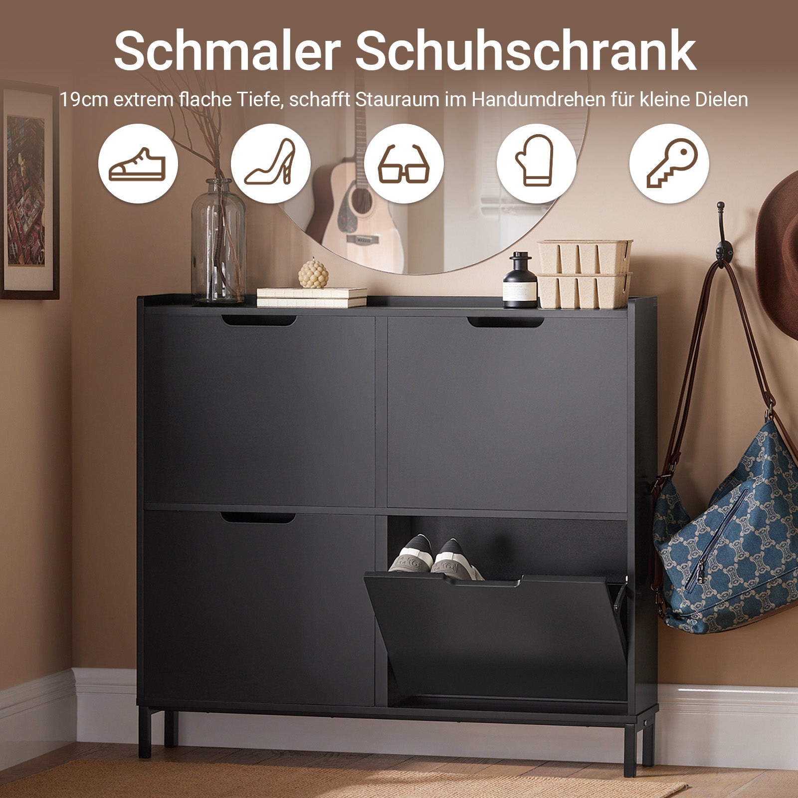 SoBuy Schuhkipper schmal mit 4 Klappen Schuhregal ohne Griffe Schwarz FSR100-SCH