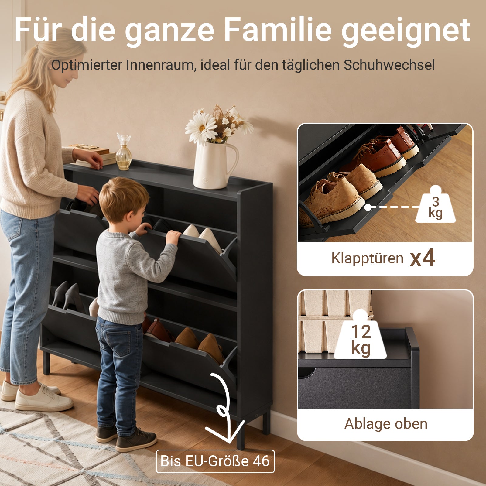 SoBuy Schuhkipper schmal mit 4 Klappen Schuhregal ohne Griffe Schwarz FSR100-SCH