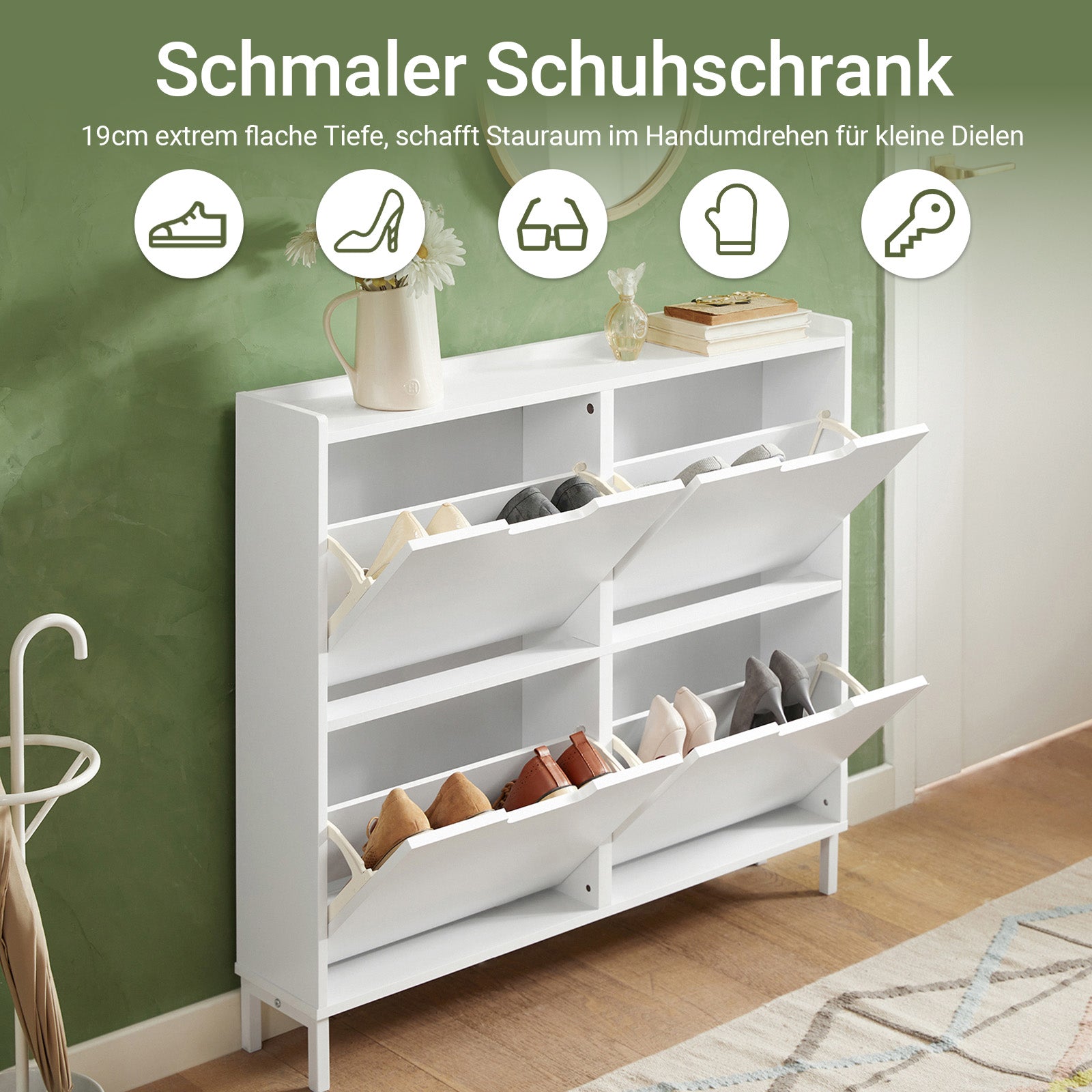 SoBuy | Schuhkipper | Schuhschrank mit 4 Klappen | Schuhkommode Weiß | FSR100-W