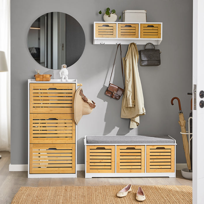 SoBuy | Banc de rangement avec coussin d'assise | Meuble à chaussures en bambou | Commode d'assise blanche | FSR23-WN