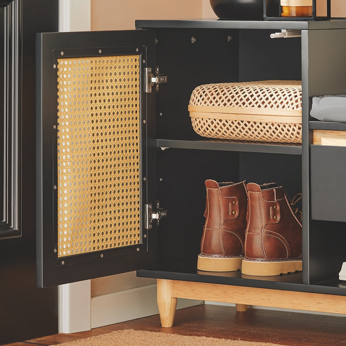 SoBuy | Banc à chaussures à structure ajourée | Banc | Étagère à chaussures | Banc de rangement pour enfants | Noir naturel | FSR128-SCH