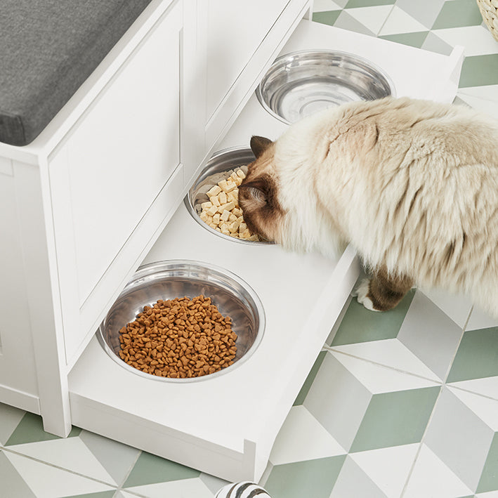 SoBuy | Maison pour chat avec gamelles intégrées | Niche pour animaux | Banc à chaussures avec niche pour chat | Blanc | FSR136-W