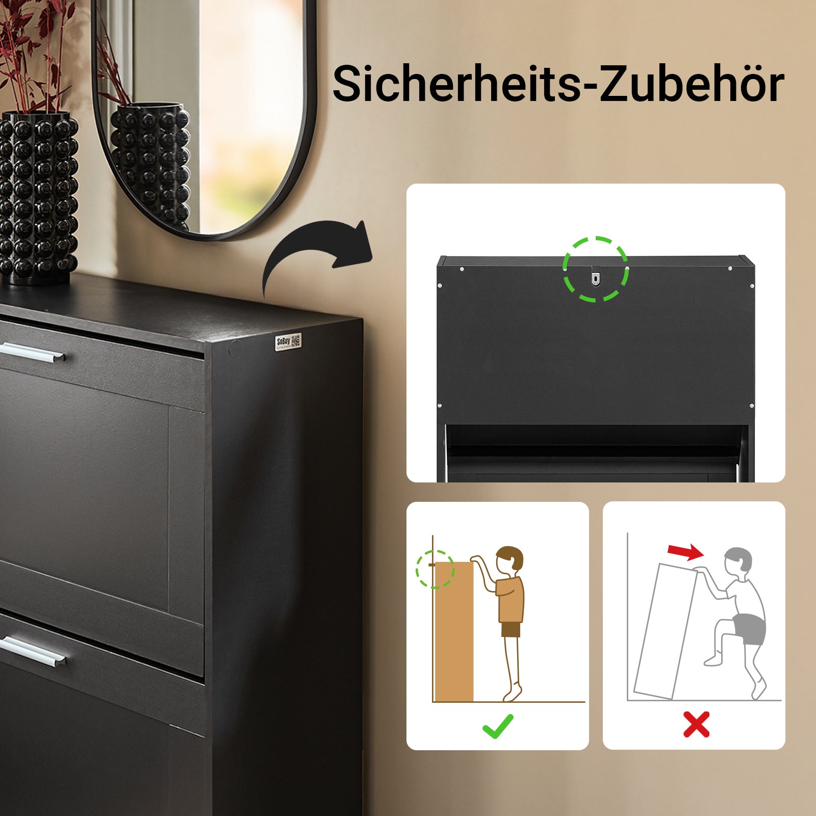 SoBuy | Meuble à chaussures | Armoire à chaussures à 2 abattants | Commode à chaussures | Noir | FSR137-SCH