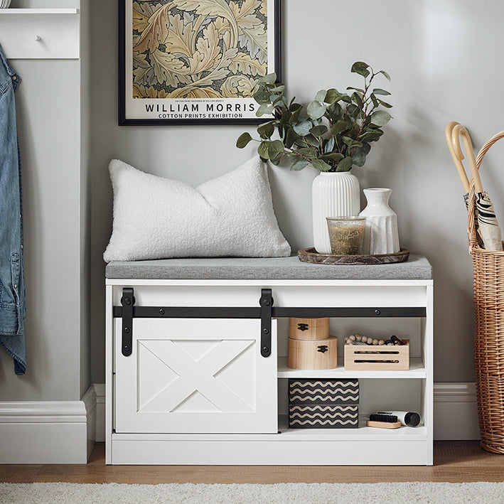 SoBuy | Banc à chaussures avec assise | Étagère à chaussures | Banc d'entrée avec portes coulissantes | Blanc | FSR153-W