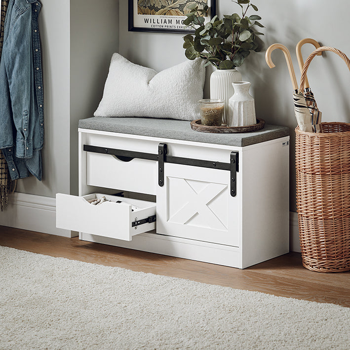 SoBuy | Banc à chaussures avec assise | Étagère à chaussures | Banc d'entrée avec portes coulissantes | Blanc | FSR153-W