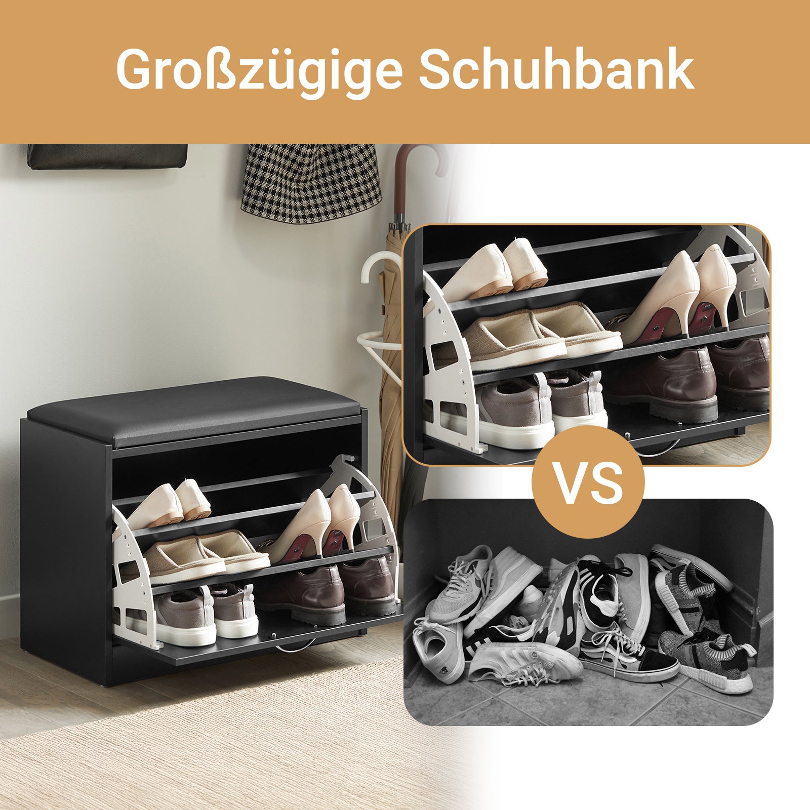 SoBuy | Schuhkipper | Schuhbank mit Schuhregal | Schwarz | FSR16-SCH