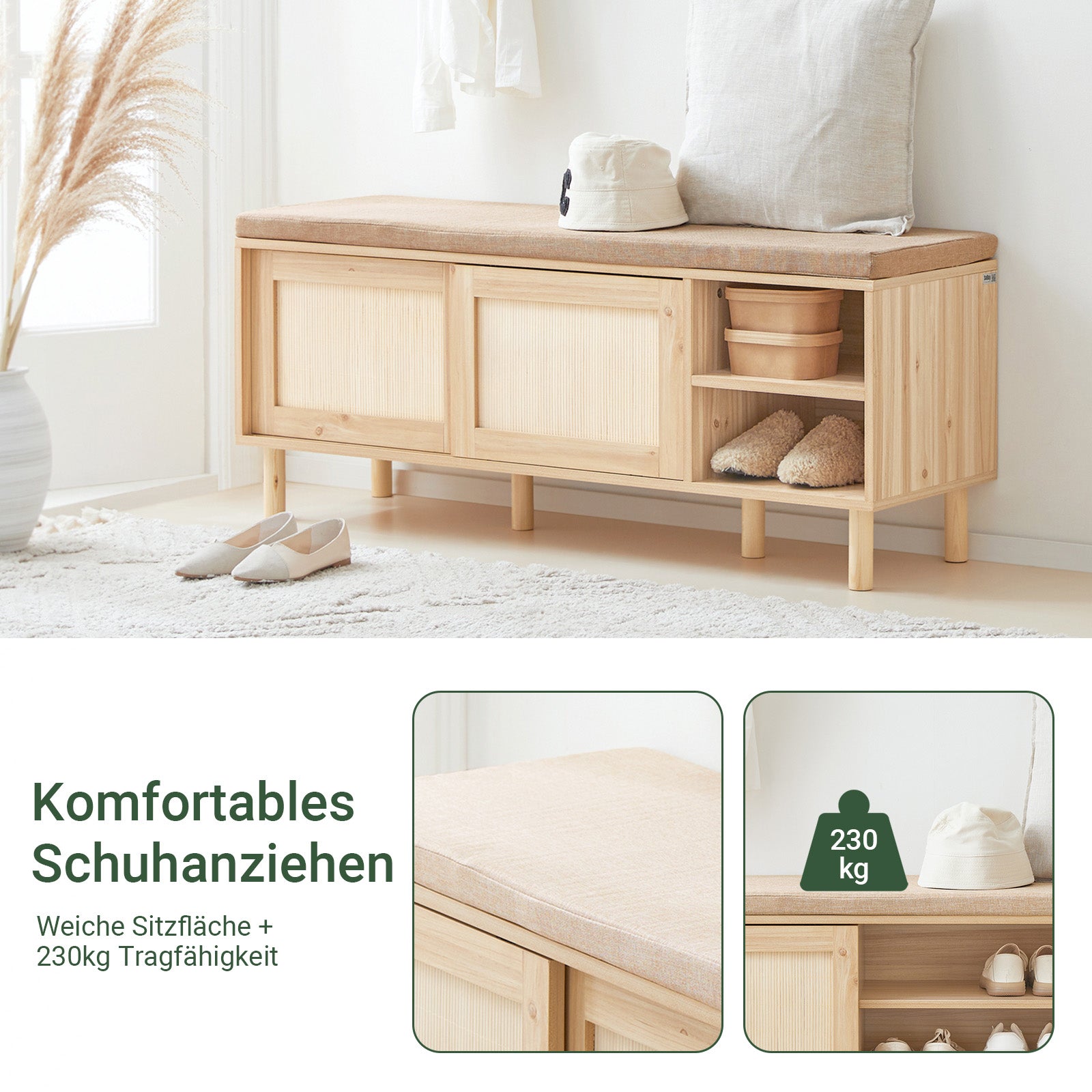 Vorverkauf | SoBuy | Schuhbank mit Sitzfläche | Dielenbank mit Schiebetüren | Natur | FSR163-N