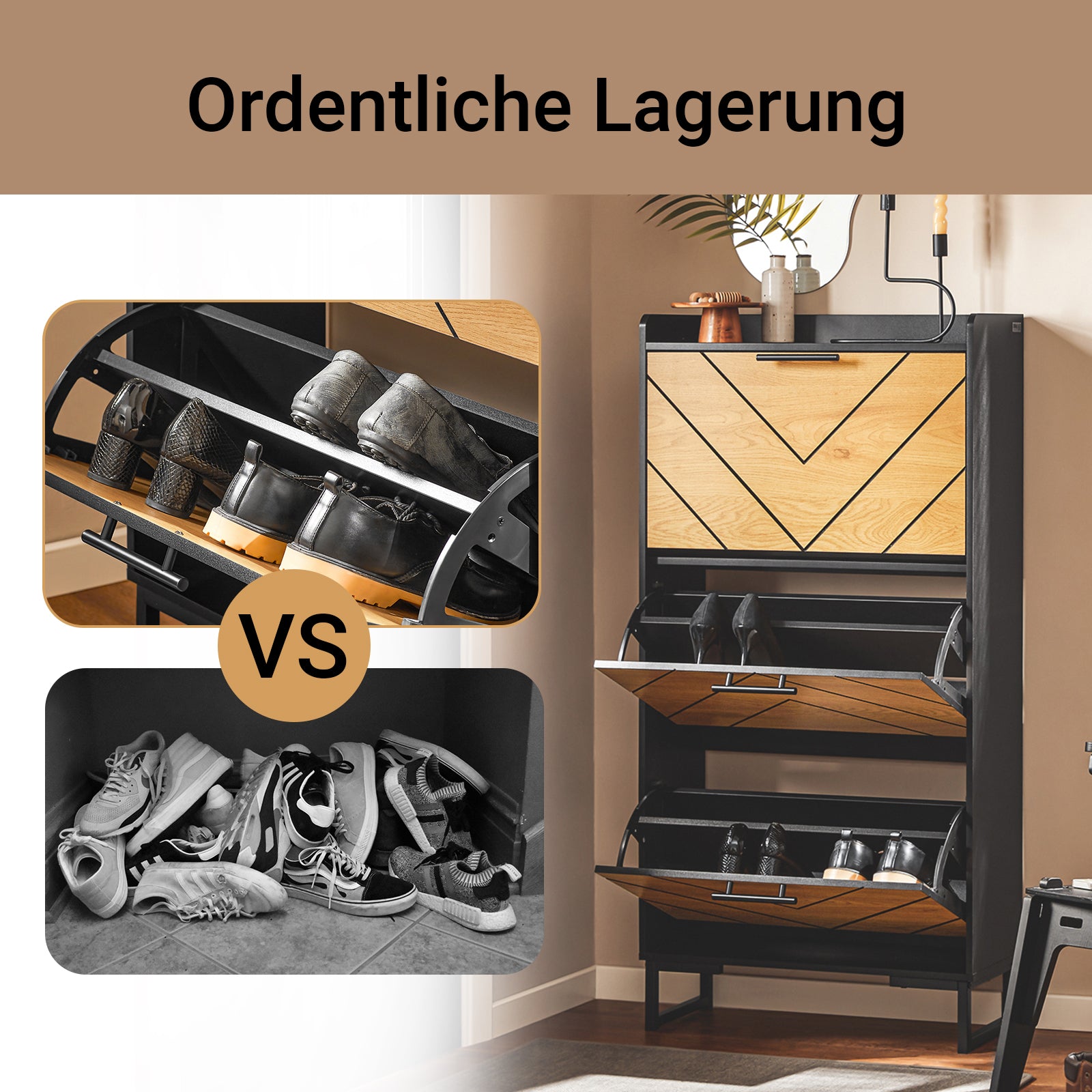 SoBuy | Meuble à chaussures 3 portes | Meuble à chaussures étroit | Noir-brun | 62 x 125 x 24 cm | FSR164-SCH