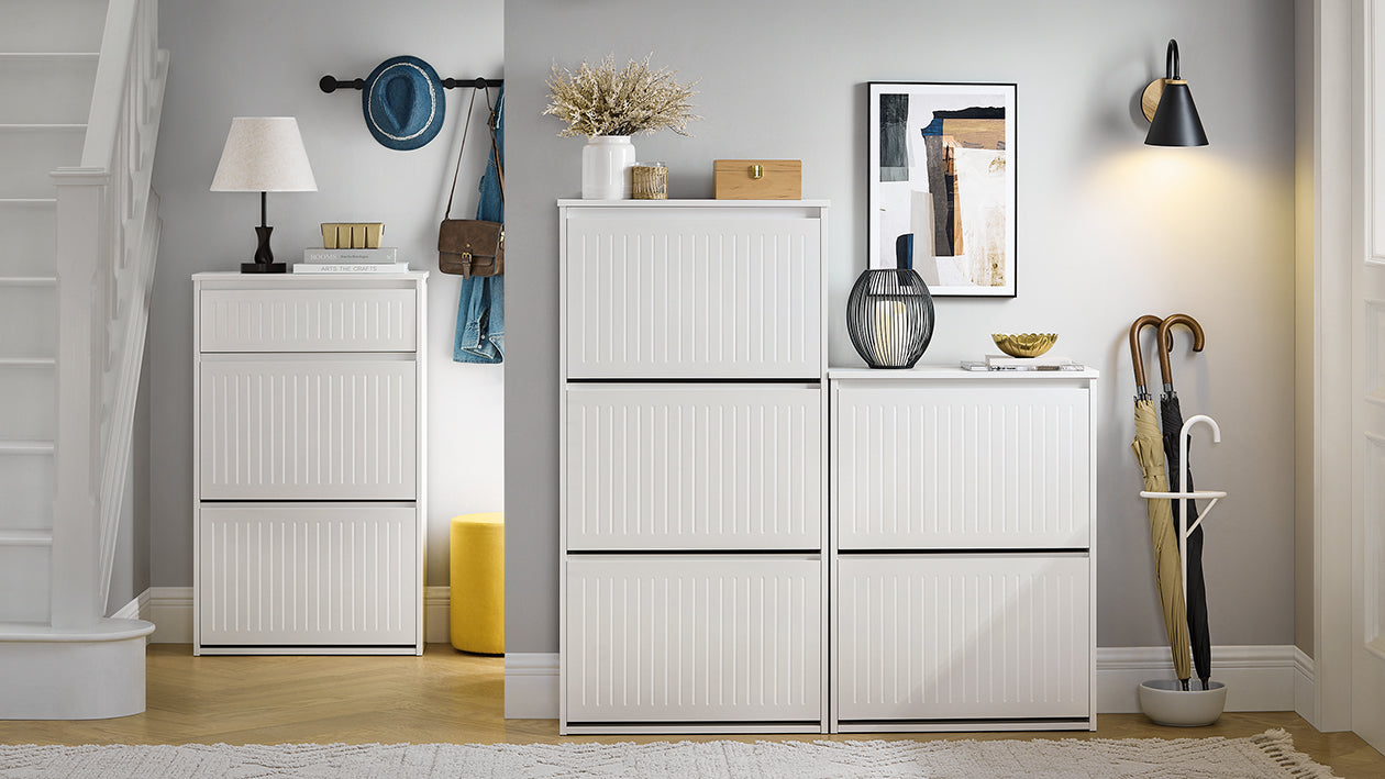 SoBuy | Scarpiera a 2 ante a ribalta e 1 cassetto | Scarpiera | Scaffale per scarpe | Bianco | FSR165-W