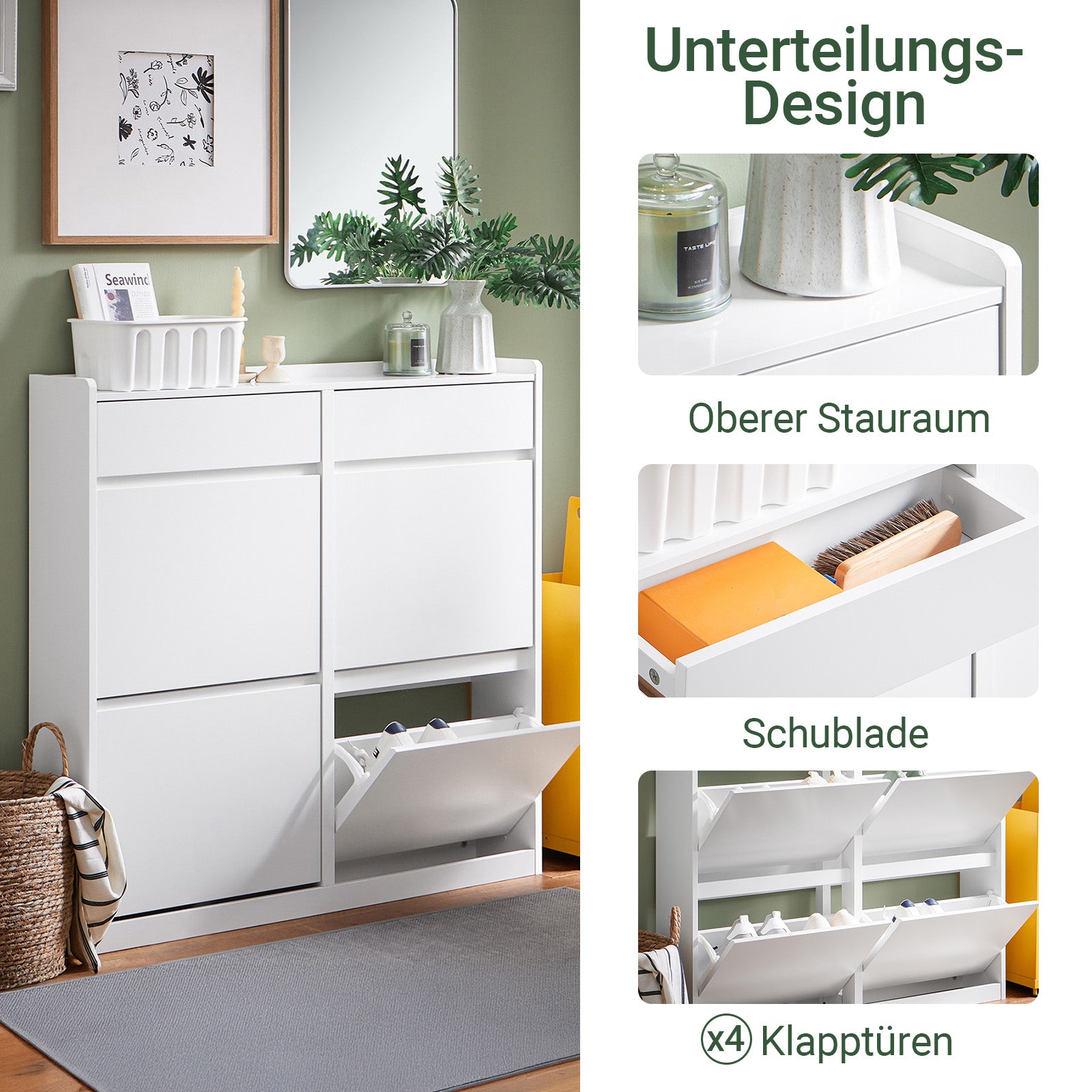 SoBuy Schuhkipper schmal mit 4 Klappen & 2 Schubladen Schuhschrank Weiß FSR169-W
