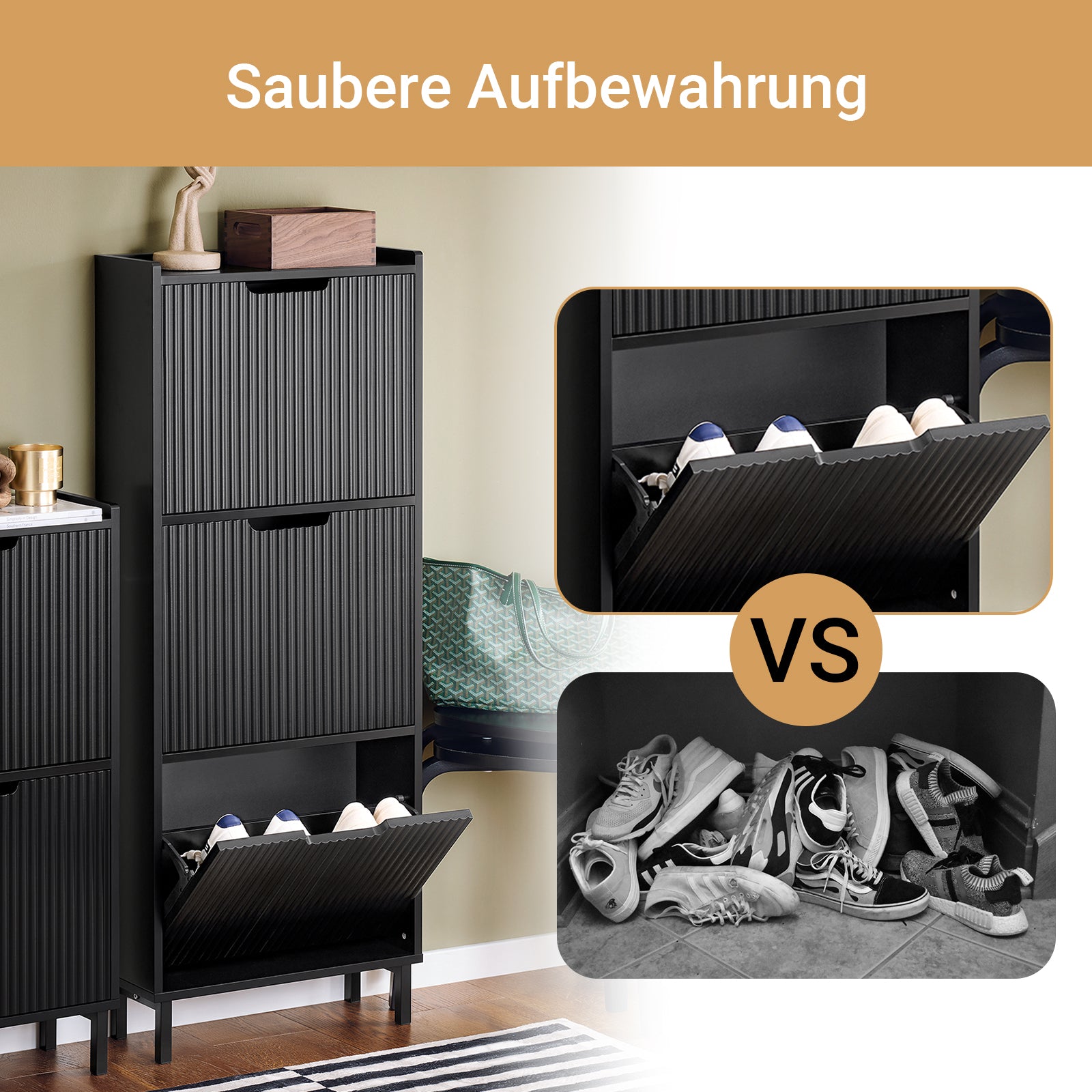 SoBuy | Meuble à chaussures avec 3 abattants | Étagère à chaussures étroite | Commode à chaussures noire | FSR177-H-SCH