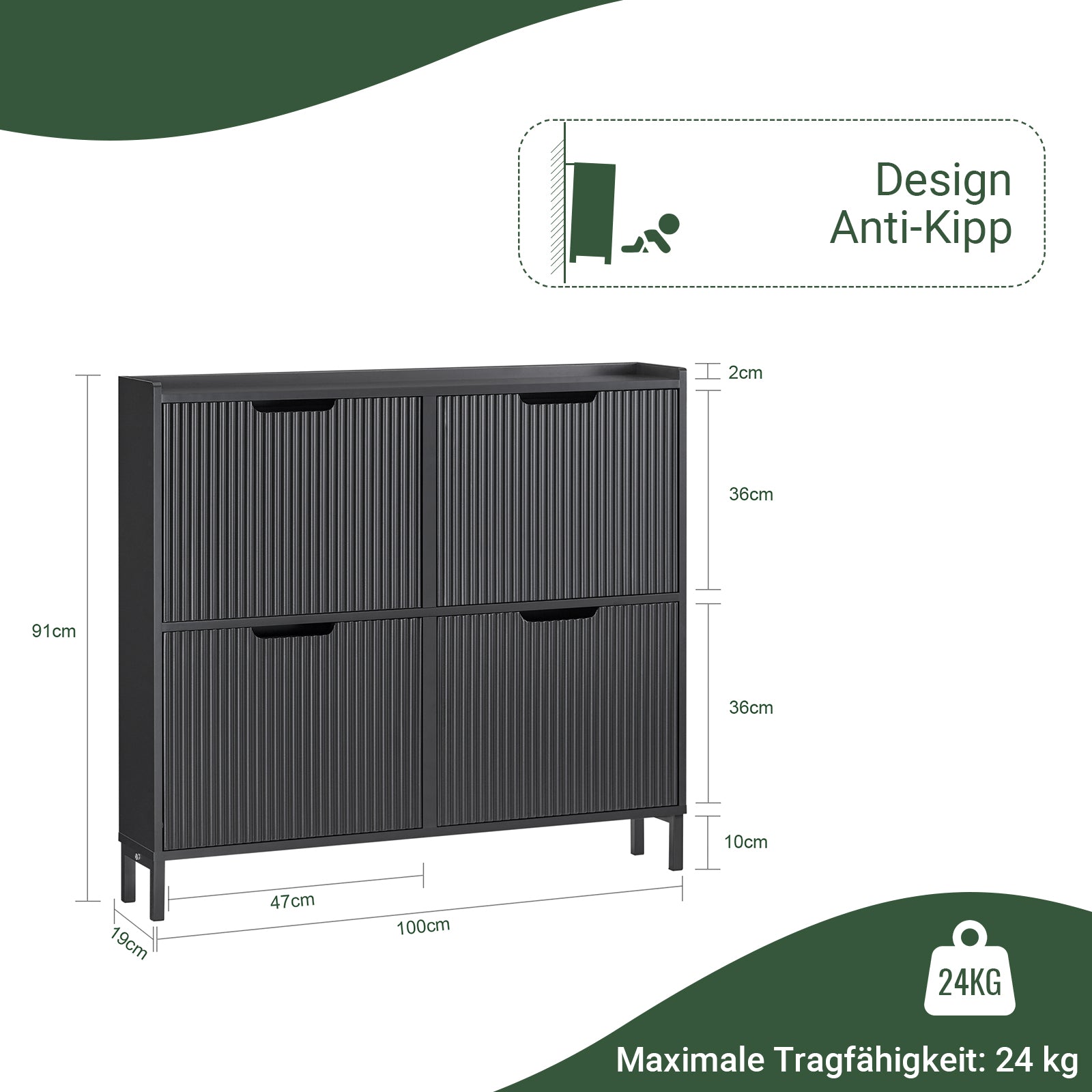 SoBuy | Meuble à chaussures 4 abattants | Armoire à chaussures étroite | Noir | FSR177-L-SCH
