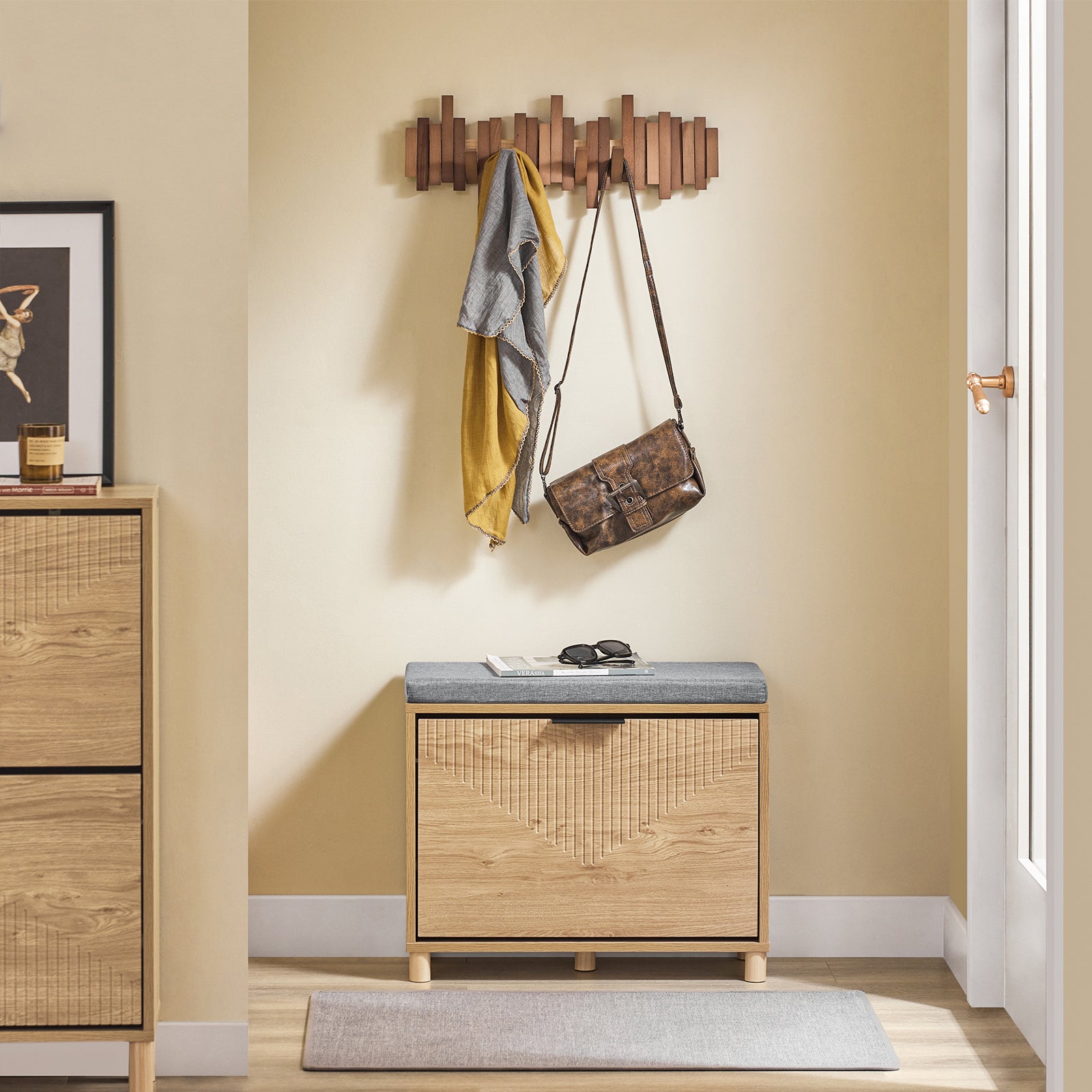 SoBuy | Schuhbank mit Sitzfläche | Schuhregal schmal | mit Stauraum | Sonoma Eiche + Grau | FSR199-N