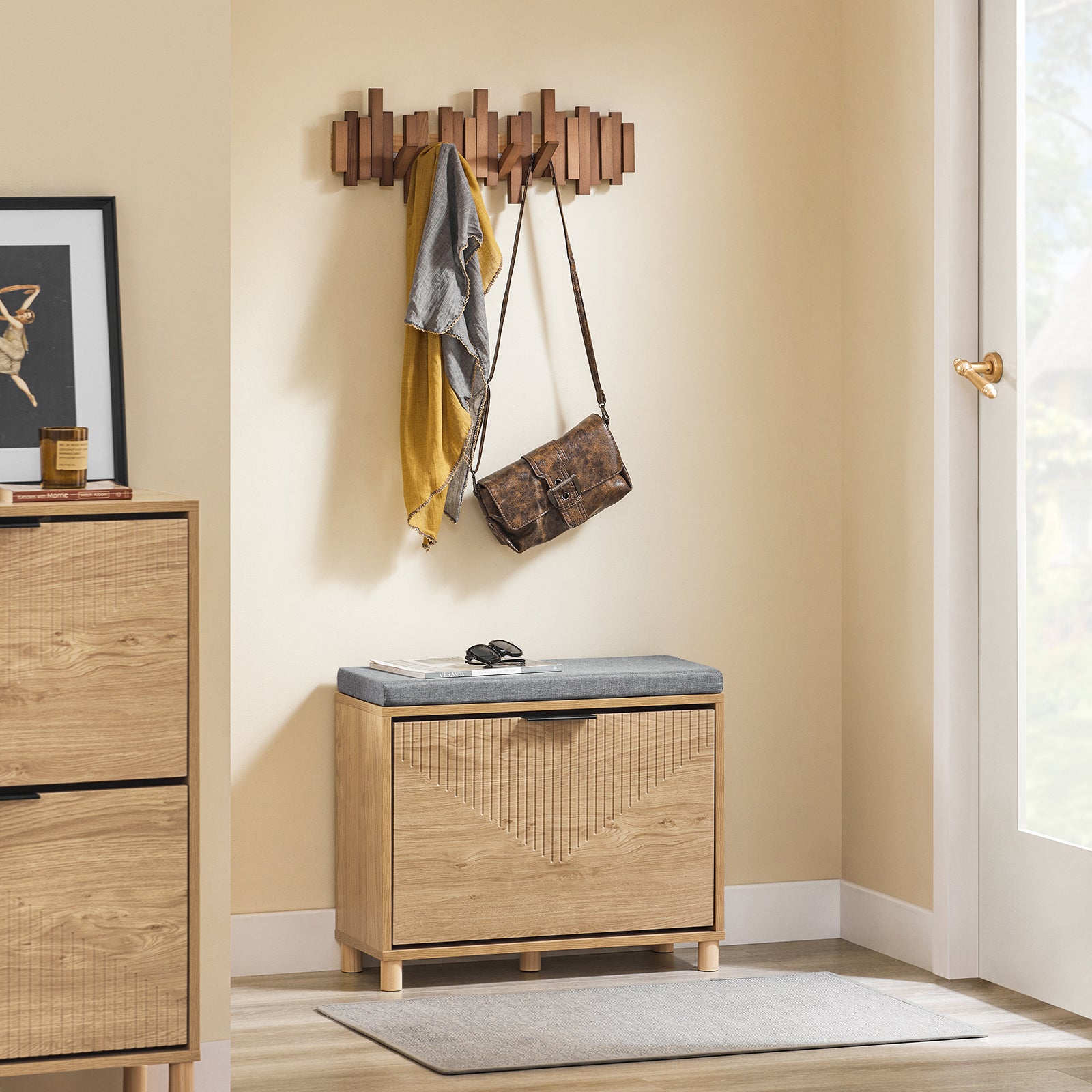 SoBuy | Schuhbank mit Sitzfläche | Schuhregal schmal | mit Stauraum | Sonoma Eiche + Grau | FSR199-N