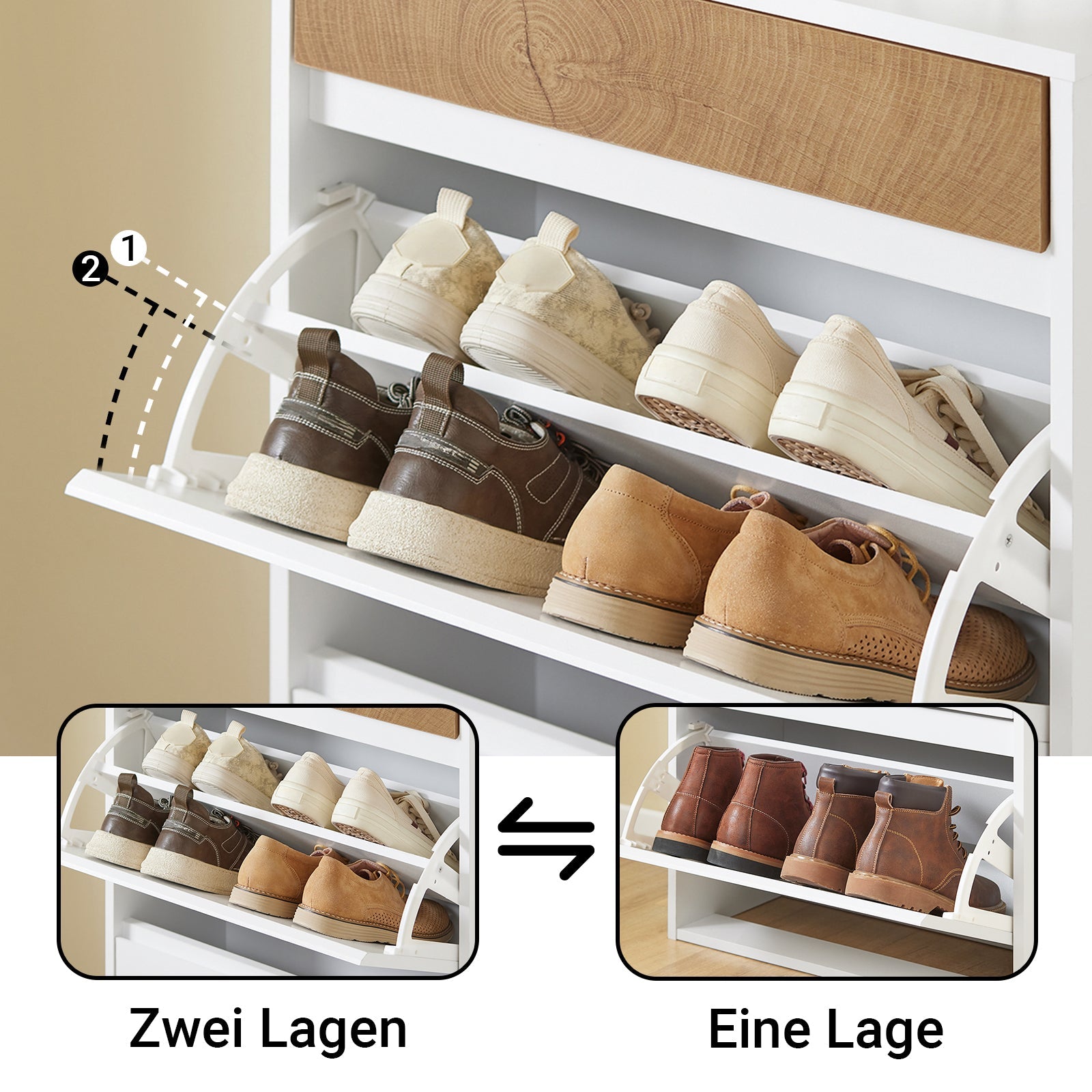 SoBuy | Meuble à chaussures avec 2 abattants et 1 tiroir | Armoire à chaussures | Étagère à chaussures | Blanc | FSR205-WN
