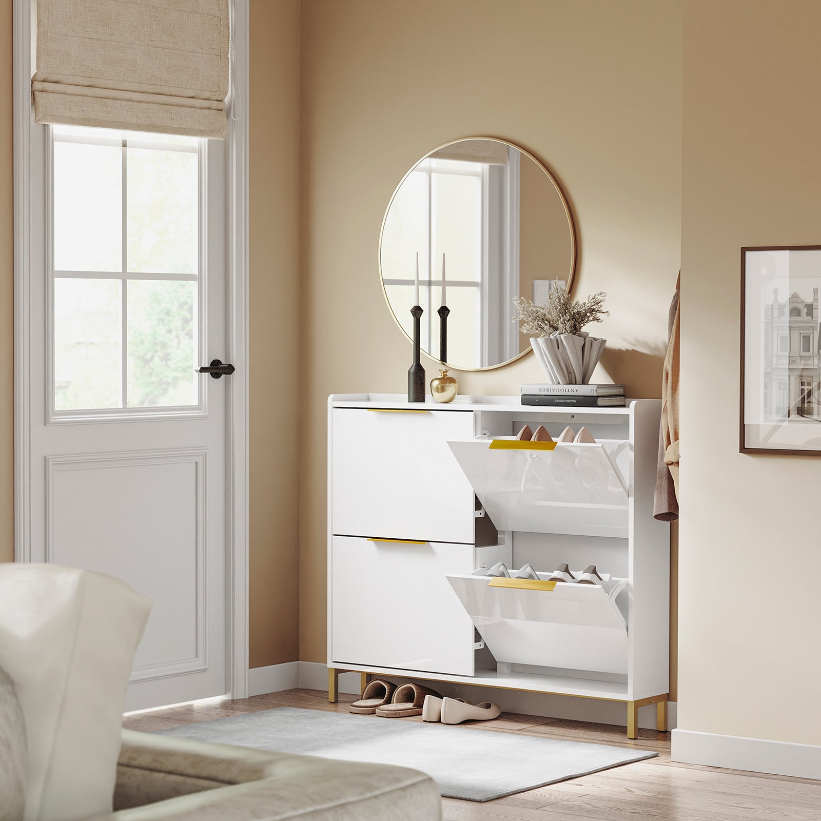 Vorverkauf | SoBuy | Schuhkipper Schmal | Schuhschrank | mit 4 Klappen | Hochglanz Weiß mit Goldgriffen | FSR206-GW
