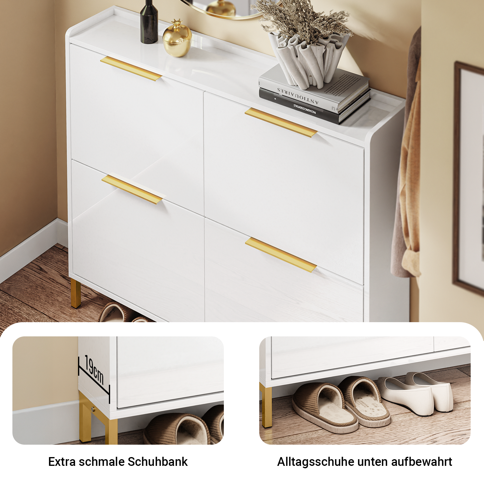 SoBuy | Scarpiera a Scomparsa Salvaspazio | Armadio Porta Scarpe | con 4 Ante a Ribalta | Bianco Lucido con Maniglie Dorate | FSR206-GW