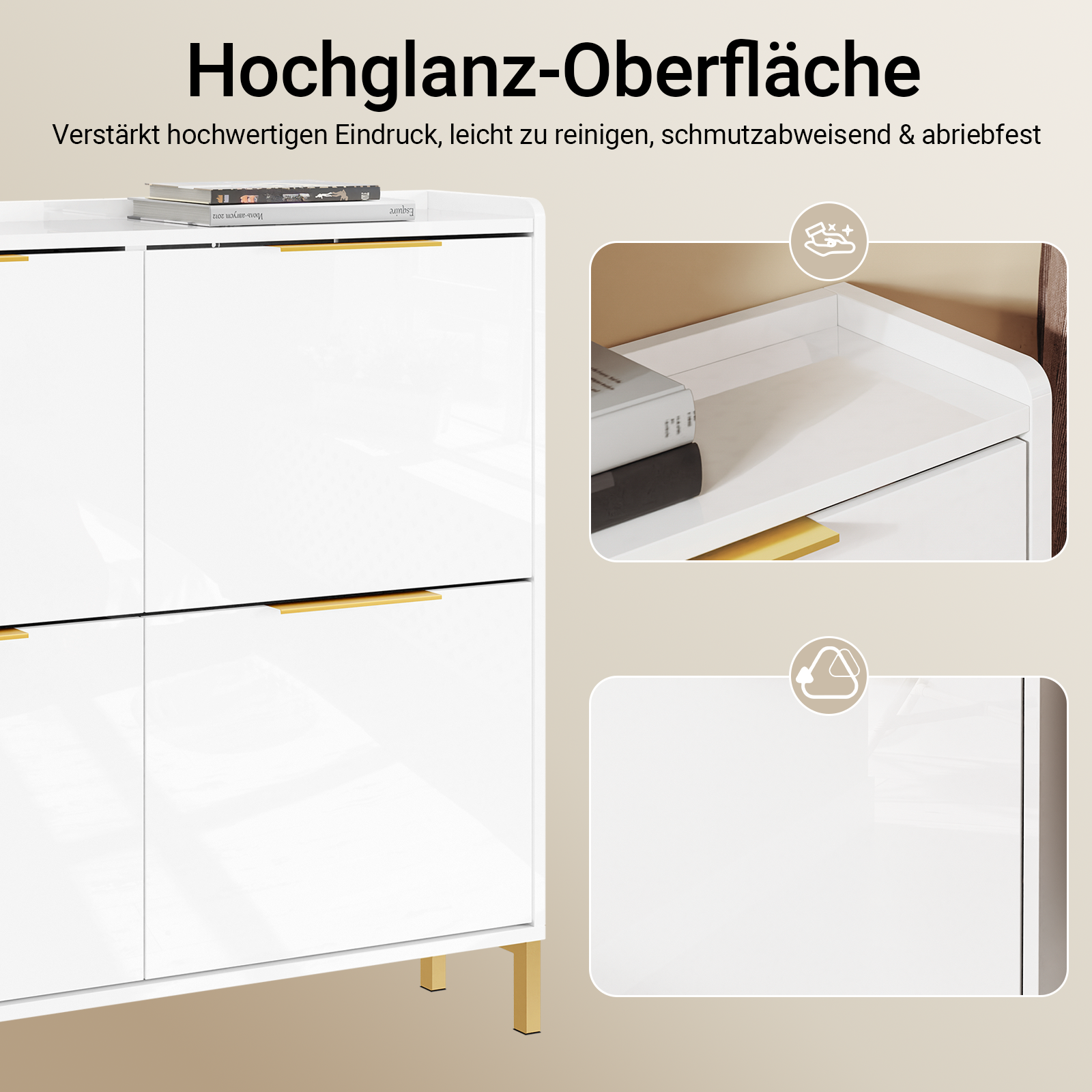 Vorverkauf | SoBuy | Schuhkipper Schmal | Schuhschrank | mit 4 Klappen | Hochglanz Weiß mit Goldgriffen | FSR206-GW