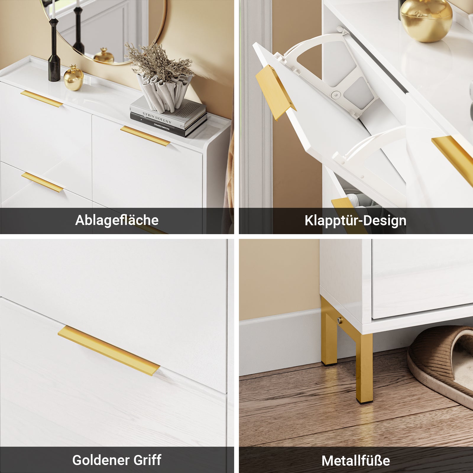 Vorverkauf | SoBuy | Schuhkipper Schmal | Schuhschrank | mit 4 Klappen | Hochglanz Weiß mit Goldgriffen | FSR206-GW