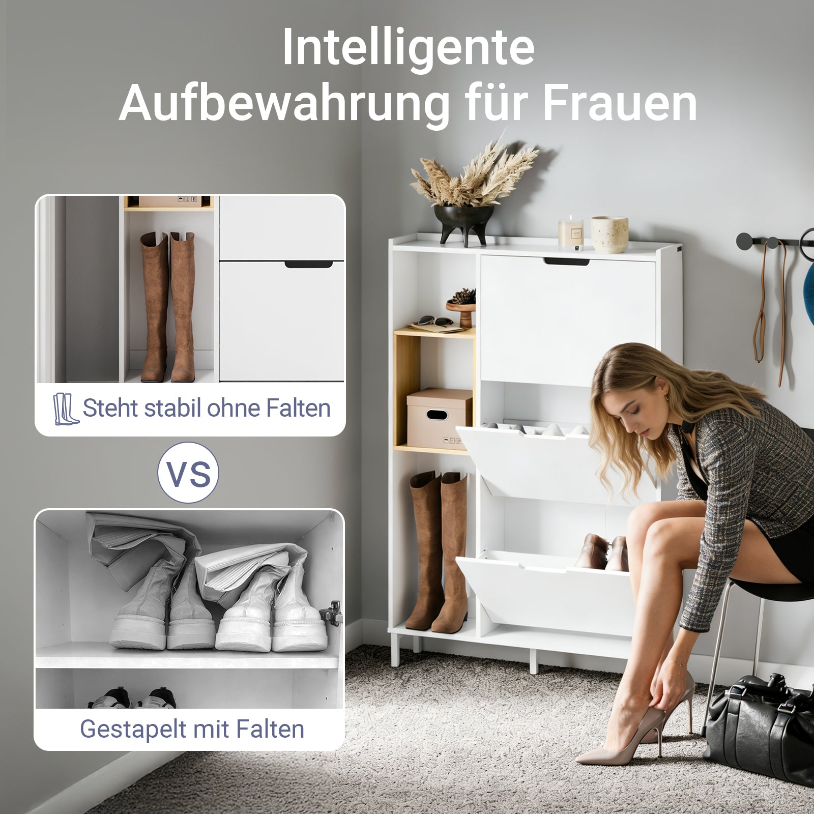 SoBuy | Schuhkipper | Schuhschrank Schmal Weiß | mit 3 Klappen | FSR209-WN