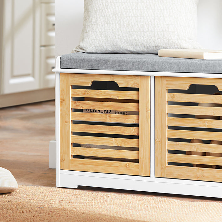 SoBuy | Scarpiera con sedile | Panca contenitore con 2 ante | Cassapanca portadocumenti | Bianco-Naturale | FSR23-II-WN