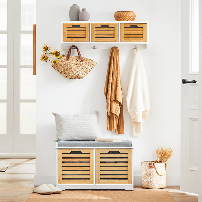 SoBuy | Scarpiera con sedile | Panca contenitore con 2 ante | Cassapanca portadocumenti | Bianco-Naturale | FSR23-II-WN