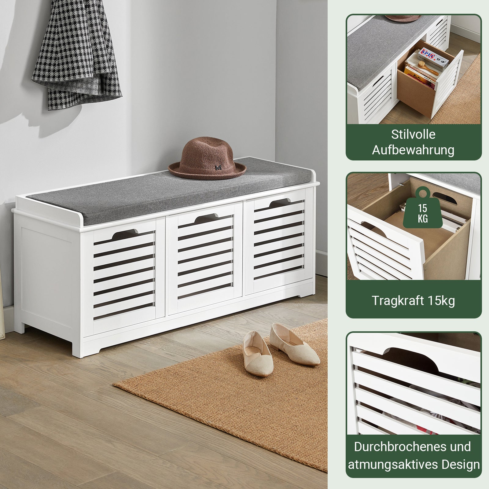 SoBuy | Banc à chaussures avec coussin d'assise | Coffre à chaussures | Banc de rangement blanc | FSR23-W