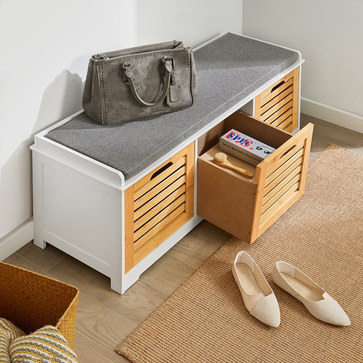 SoBuy | Banc de rangement avec coussin d'assise | Meuble à chaussures en bambou | Commode d'assise blanche | FSR23-WN