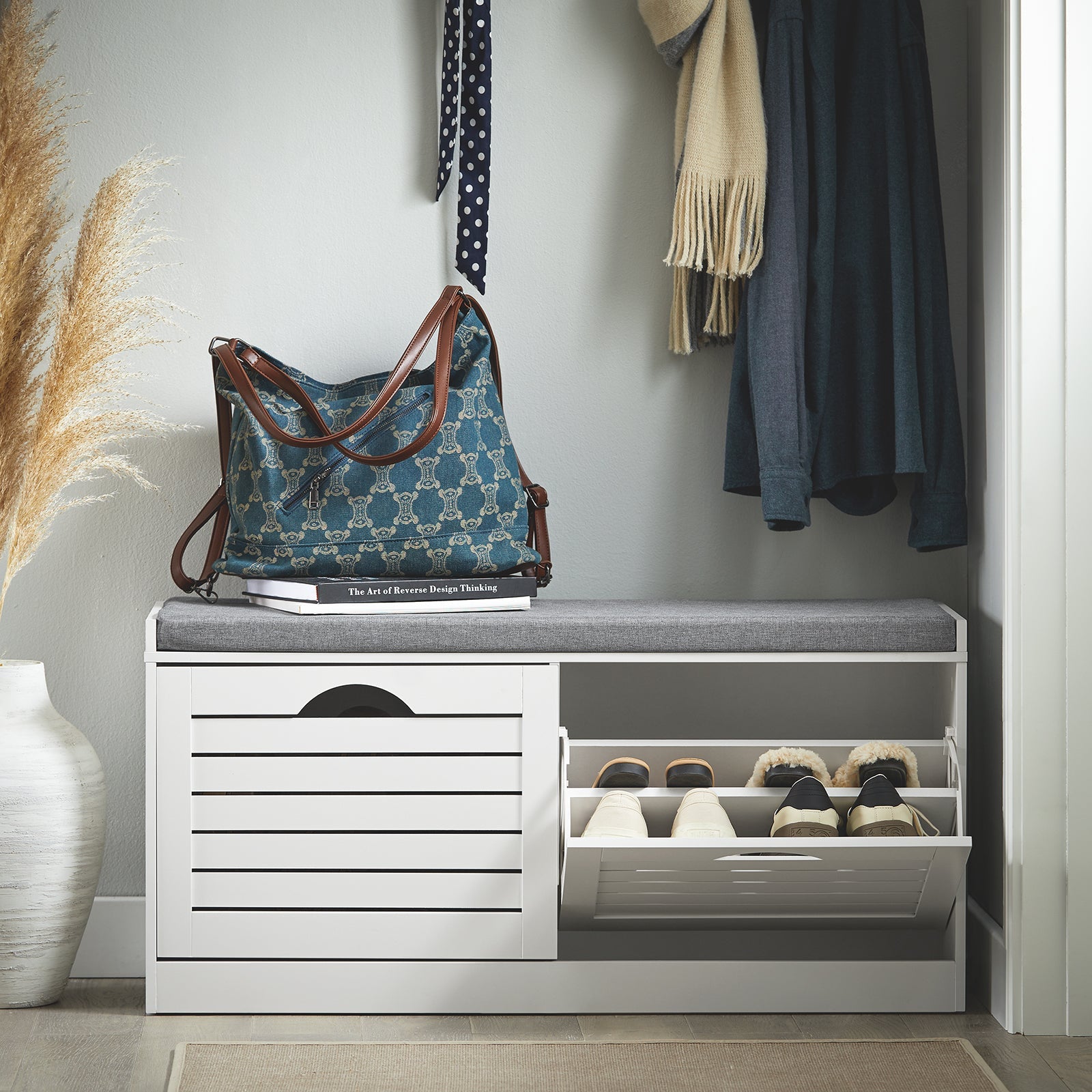 SoBuy | Meuble à chaussures basculant | Banc à chaussures avec rangement | Style campagnard blanc | FSR62-II-W