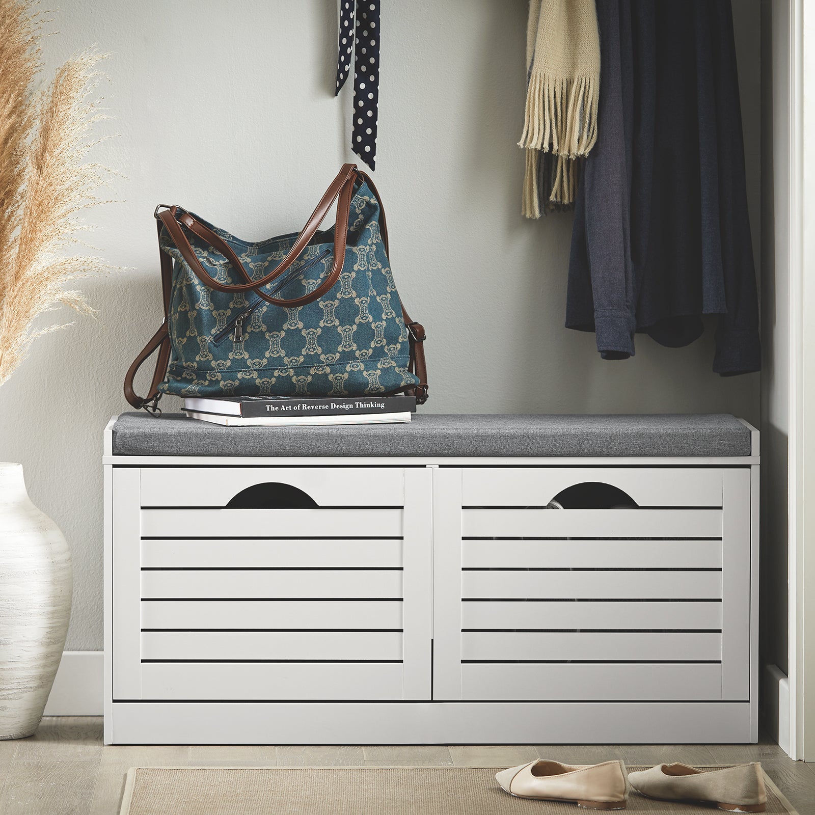 SoBuy | Meuble à chaussures basculant | Banc à chaussures avec rangement | Style campagnard blanc | FSR62-II-W