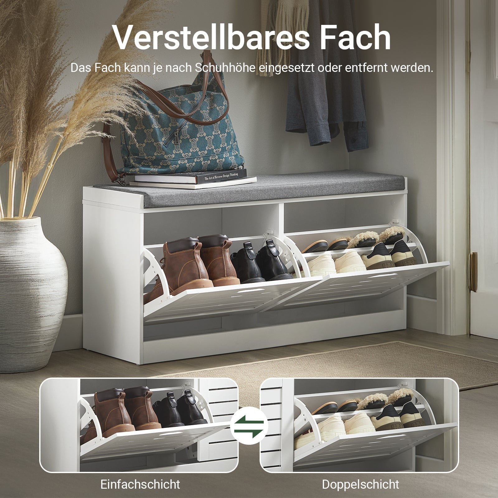 SoBuy | Meuble à chaussures basculant | Banc à chaussures avec rangement | Style campagnard blanc | FSR62-II-W